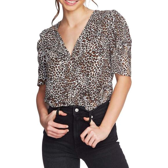 1. State Animal Print Blouse Sz XS V-Neck Puff Short Sleeve Button Front Top - Picture 1 of 7